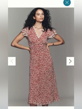 Red Floral V-Neck Midi Dress